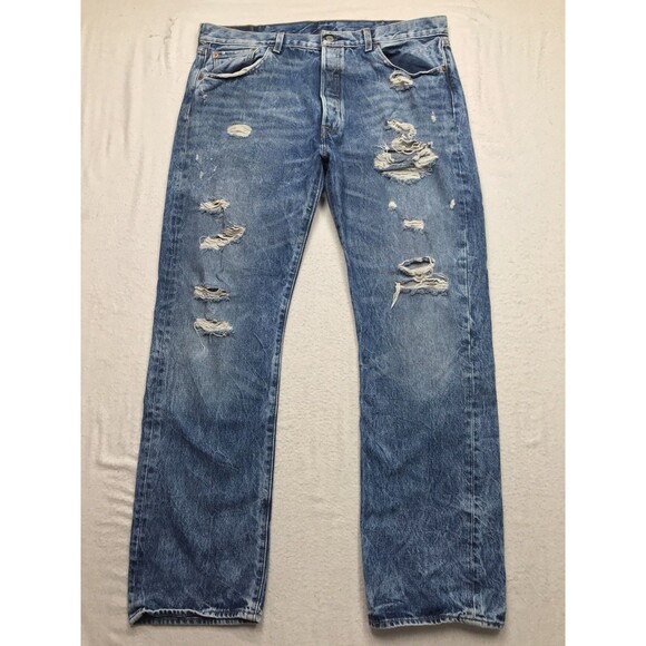 LEVIS 501 Jeans Men 38x32 Light Acid Wash Rip Tear Distressing Skate Punk Beach - Picture 1 of 13